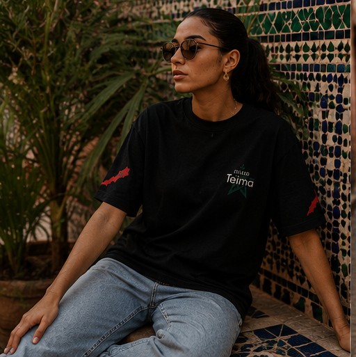 Silhouette assise en tee noir, broderie carte du Maroc
